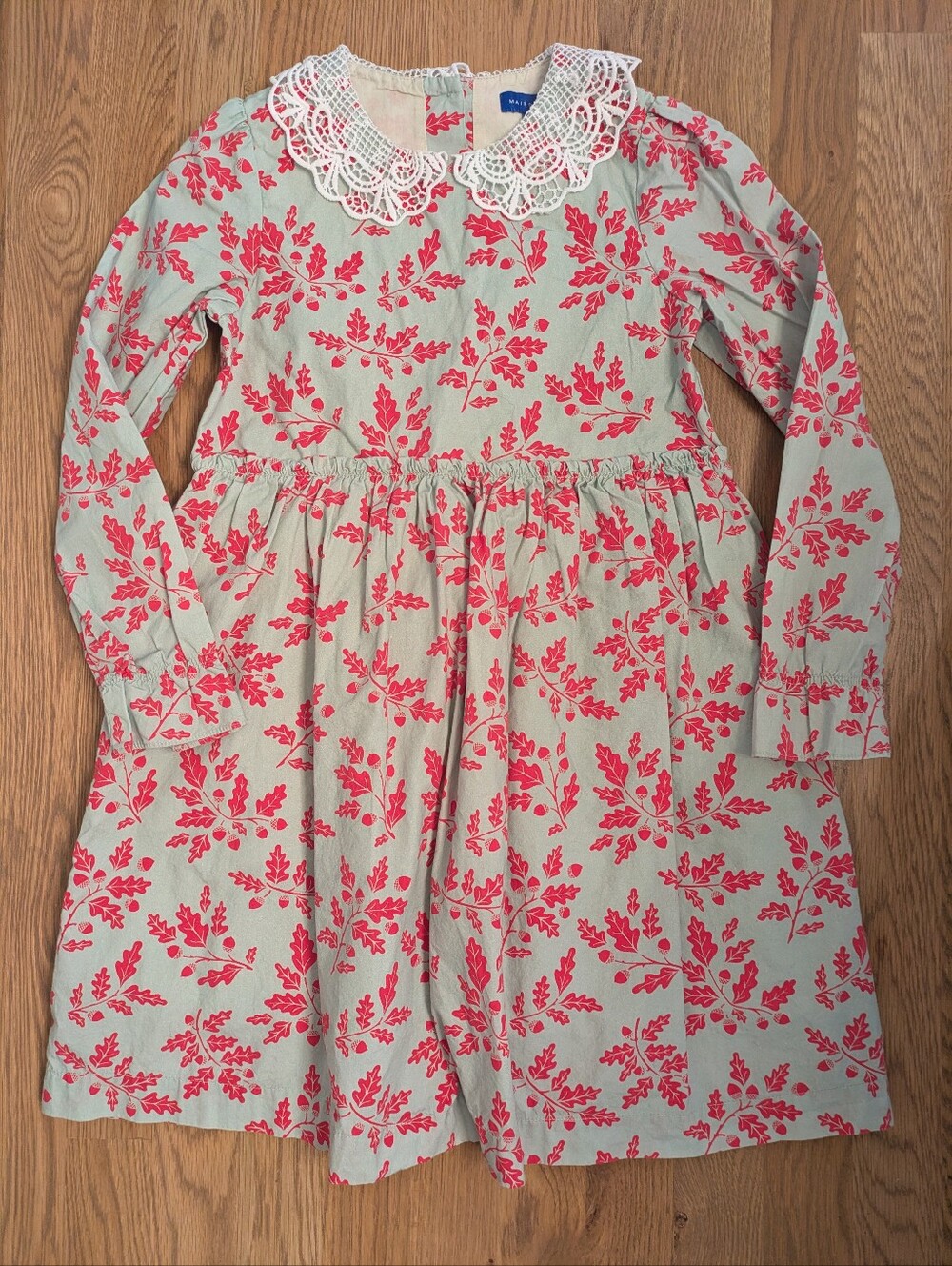 Maison Me Girls Size 8y Holiday Oak Leaf Print Dress With Lace Collar
